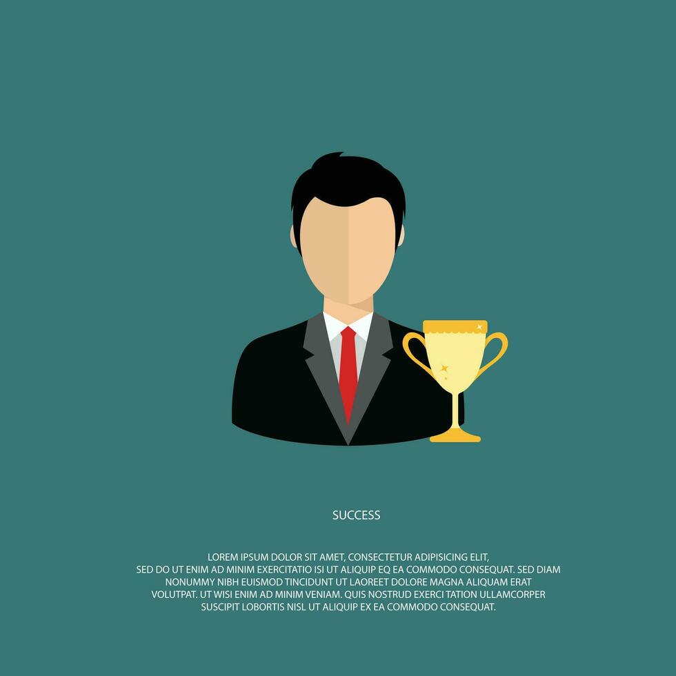 Success vector concept. Man in suit with gold trophy. Flat vector illustration