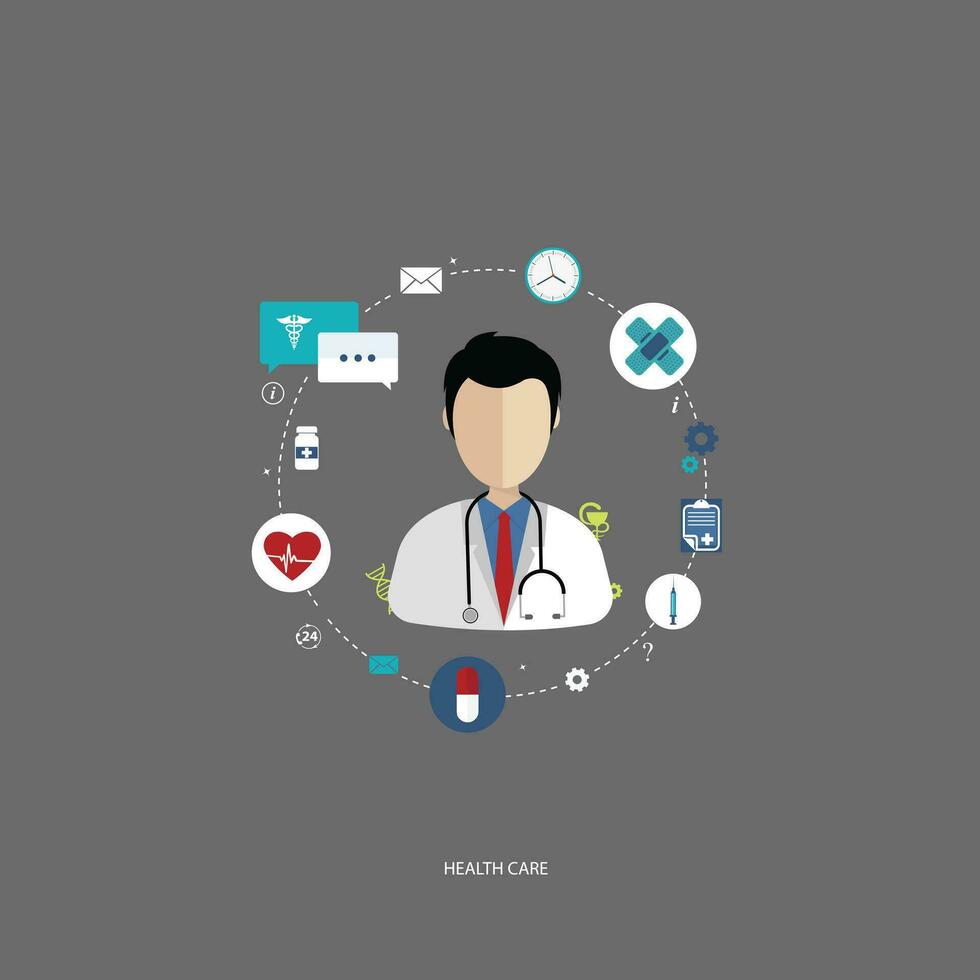 Vector illustration in a modern flat style, health care concept. A doctor in uniform with stethoscope and first aid kit. On line consultation. Flat vector illustration.