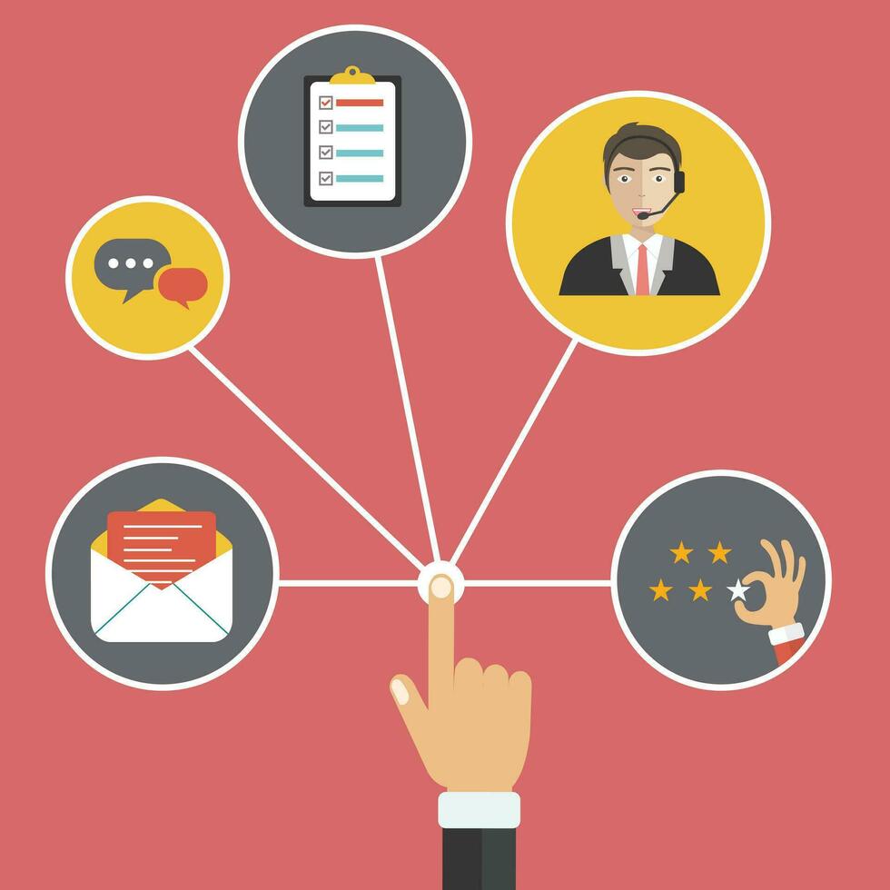 Male hand presenting customer relationship management. System for managing interactions with current and future customers. Flat vector illustration.