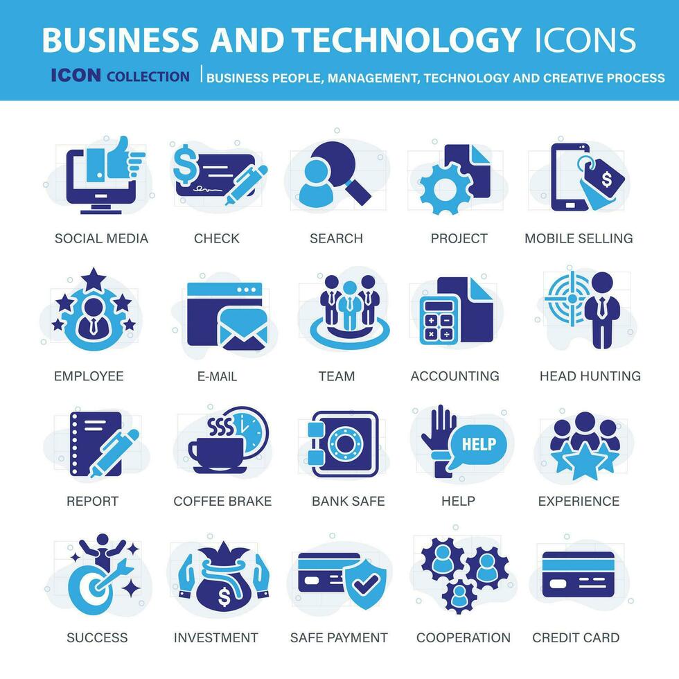 Business, data analysis, organization management and technology icon set. Business people, management, technology, creative process icon set. Icons vector collection