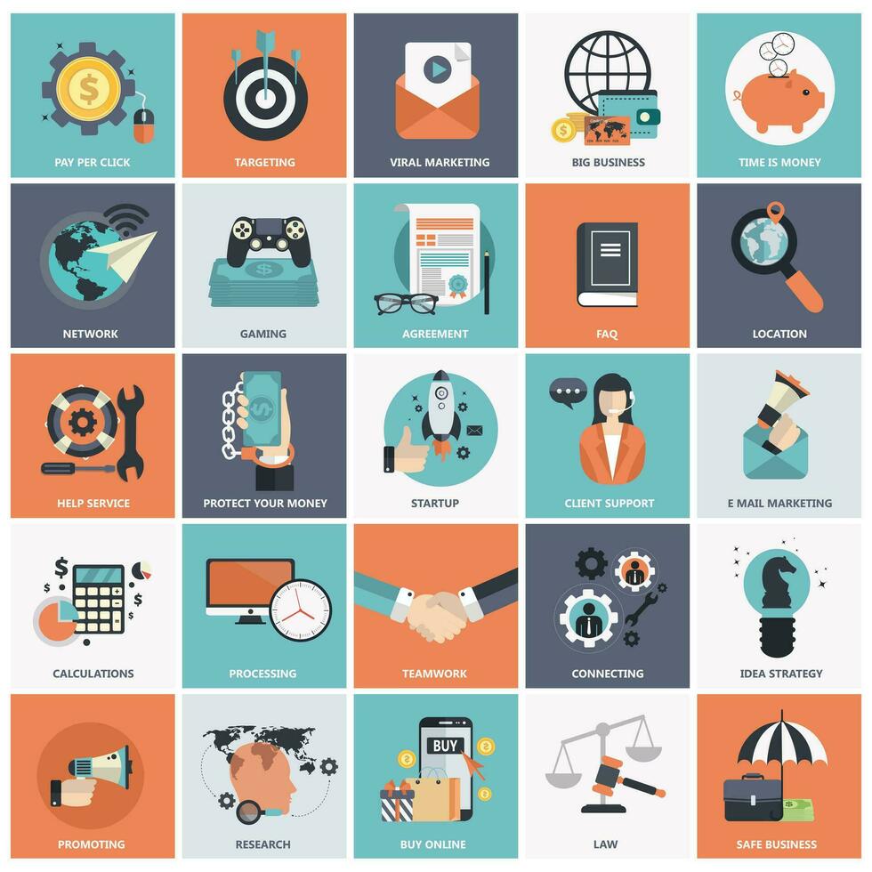 Set of flat design icons for business, pay per click, creative process, searching, web analysis, time is money, on line shopping. Icons for website development and mobile phone services and apps. vector