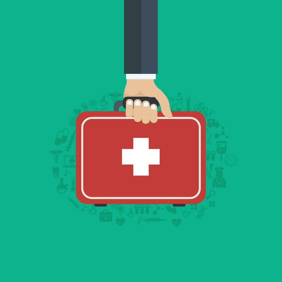 Vector illustration in a modern flat style, health care concept. Hand with medical bag and medical icons. Flat vector illustration.