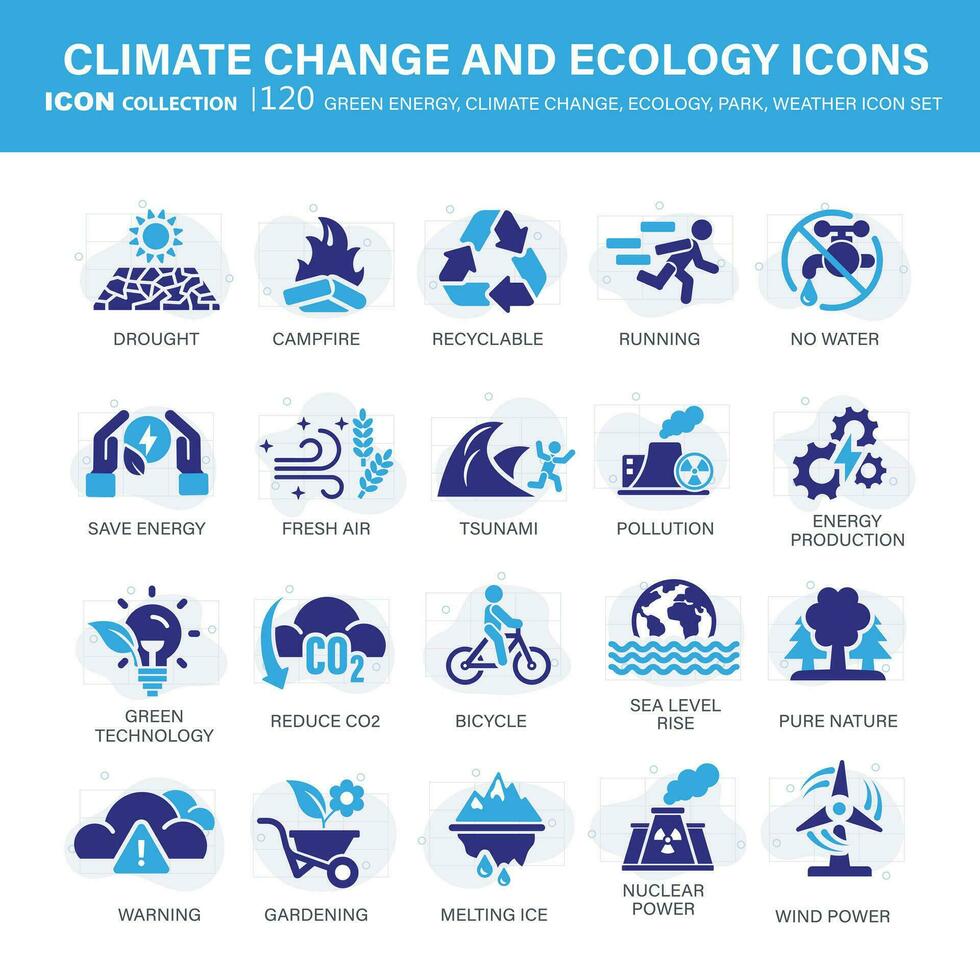 Climate change, ecology, green energy, park and weather icon set. Containing global warming, renewable energy, greenhouse, melting ice, earth pollution, outdoor activity. Flat vector illustration