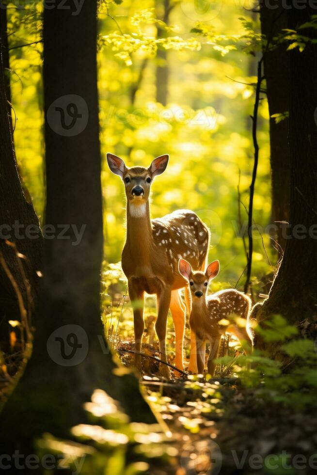 A peaceful doe tenderly watches over her slumbering fawn amidst the serene beauty of a sun-dappled woodland photo