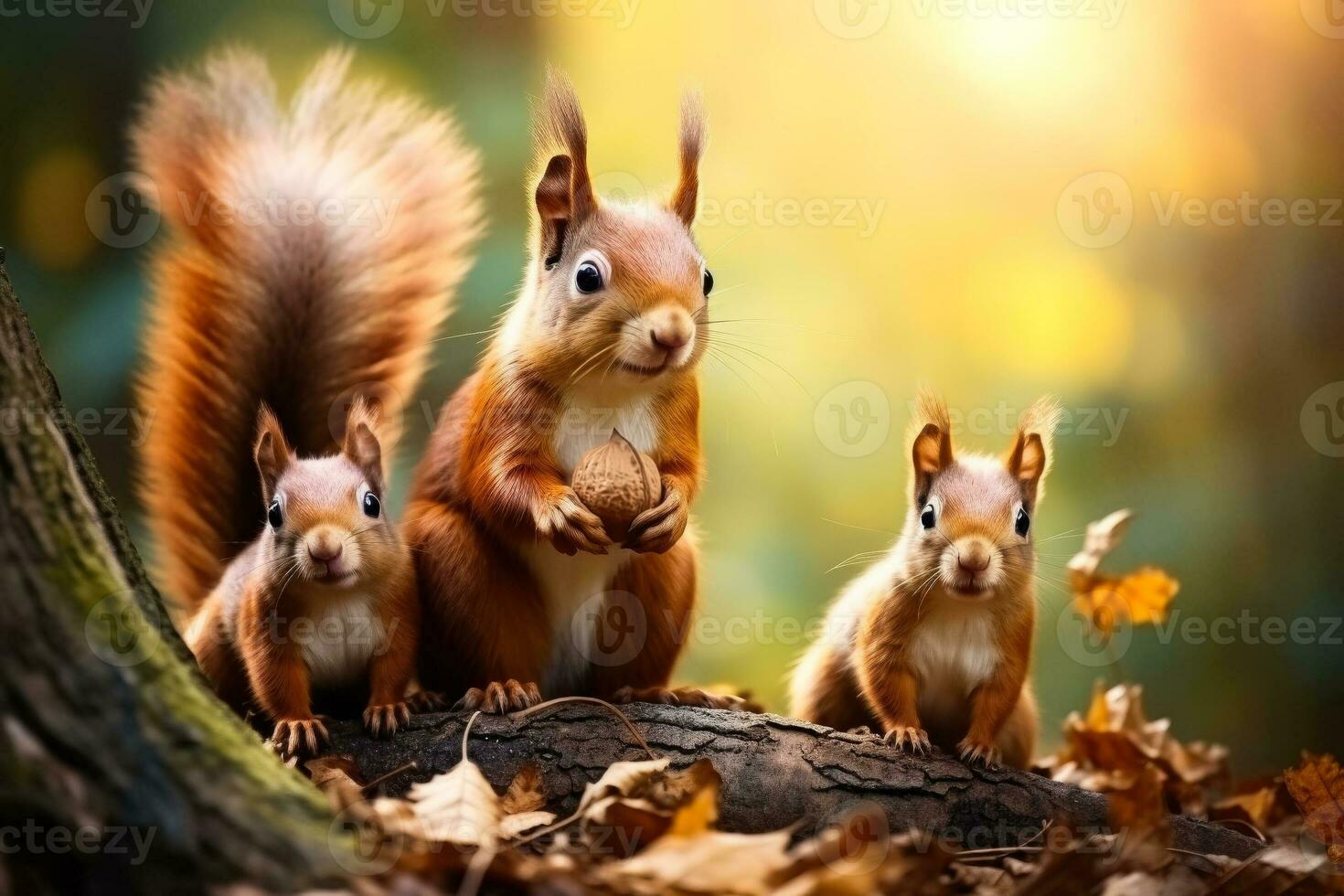 A close-up of a squirrel family happily gathering nuts in a lush forest background with ample empty space for text photo