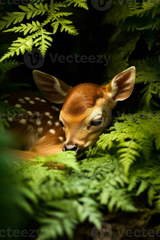 A serene scene of a sleeping fawn nestled beside its doe surrounded by lush foliage and a background with empty space for text photo