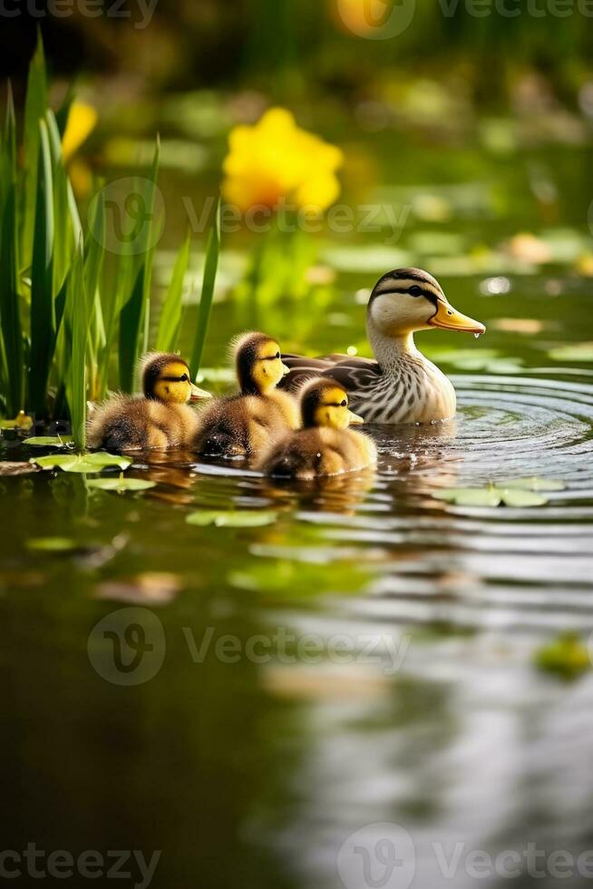 A serene pond view with a mother duck and her adorable ducklings showcasing a tranquil background with ample space for text photo