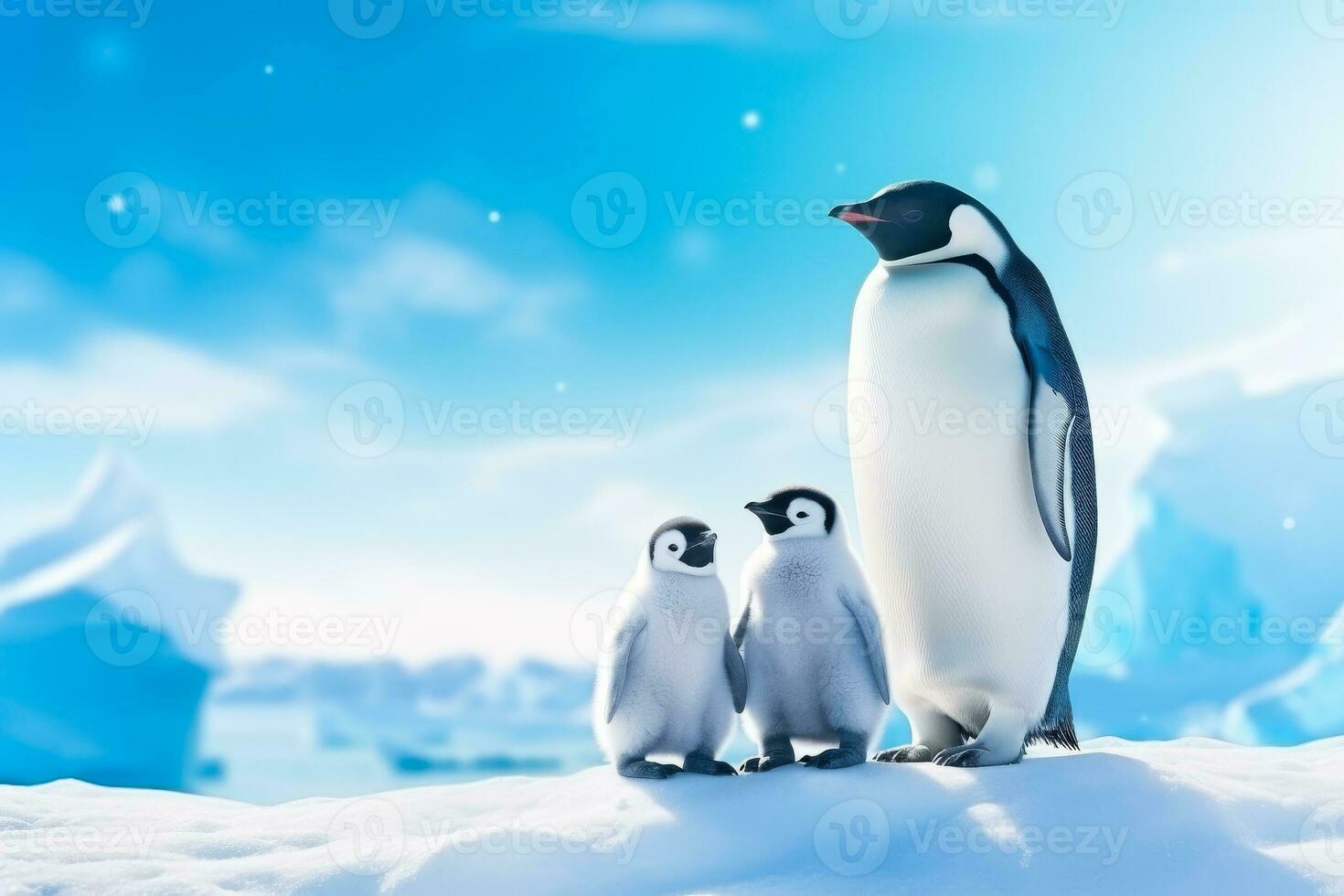 A charming photo of penguin parents and their adorable chicks set against a breathtaking Antarctic background with empty space for text