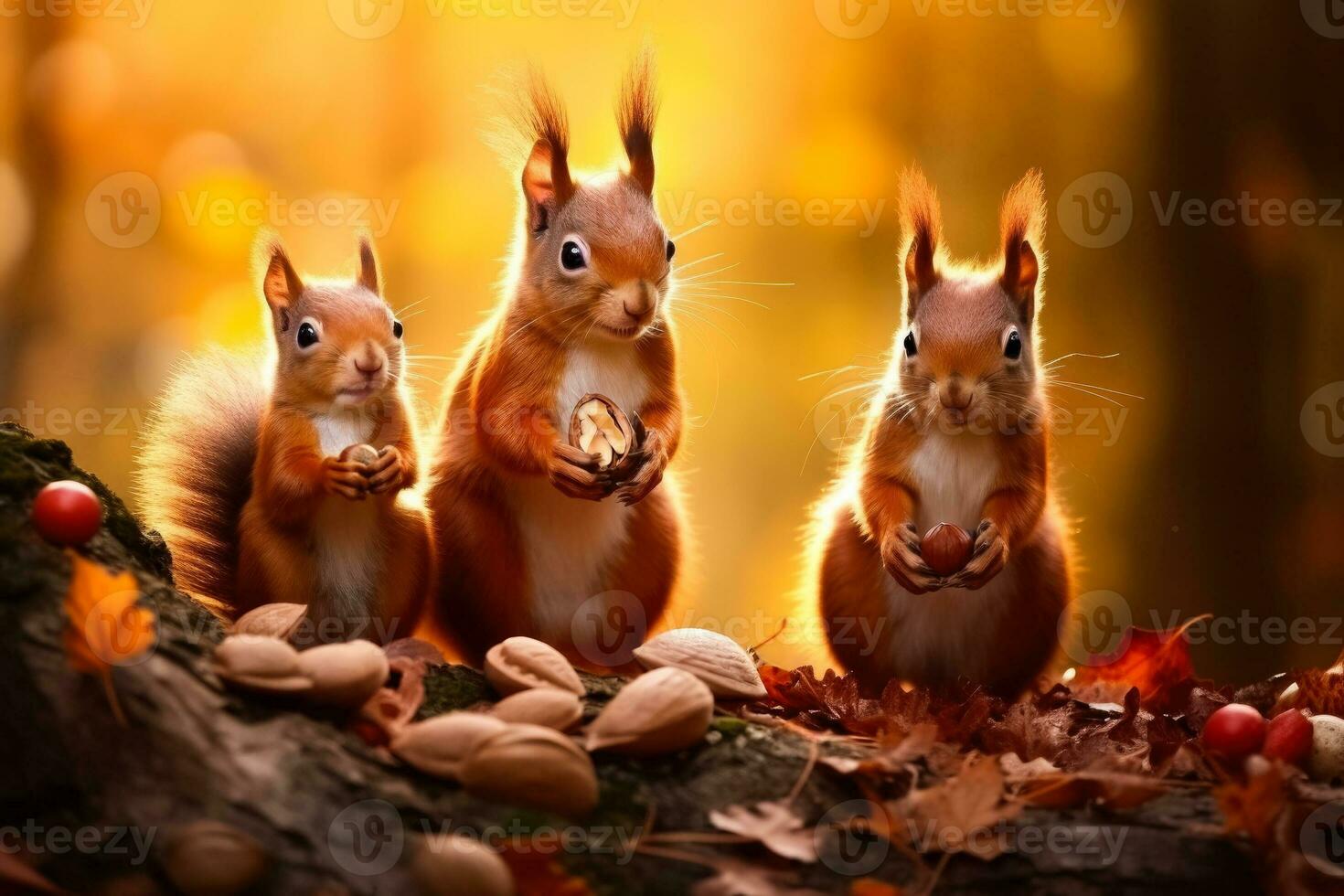 A charming squirrel family busily collecting nuts in the vibrant autumn colors of the forest photo