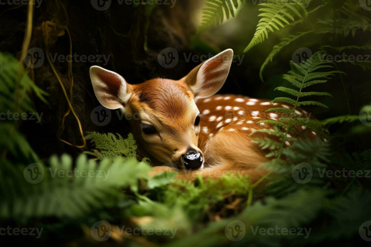 A serene scene of a sleeping fawn nestled beside its doe surrounded by lush foliage and a background with empty space for text photo