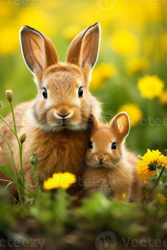 adorable bebé conejos acurrucado arriba a su madre en un lozano verde campo retratar calor y amor foto