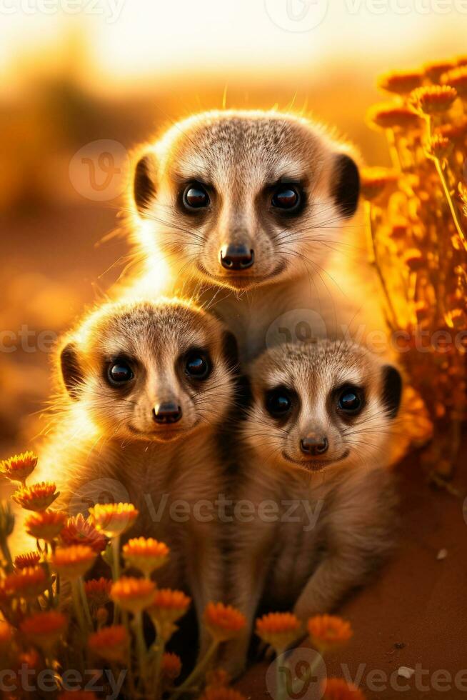 A close-up photo of a meerkat family huddled together playfully grooming and basking under the desert sun
