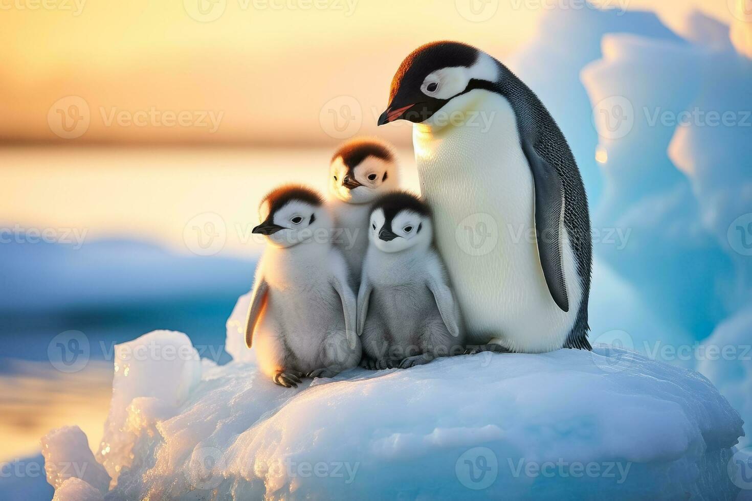 A heartwarming image captures a group of penguin parents huddled together teaching their chicks important survival skills in the icy landscape of Antarctica photo