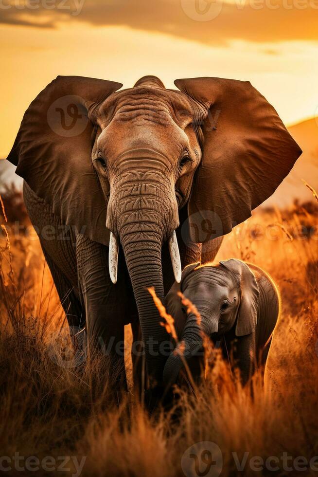 An intimate moment captured in the African safari an elephant family cuddles together with a scenic background perfect for text photo