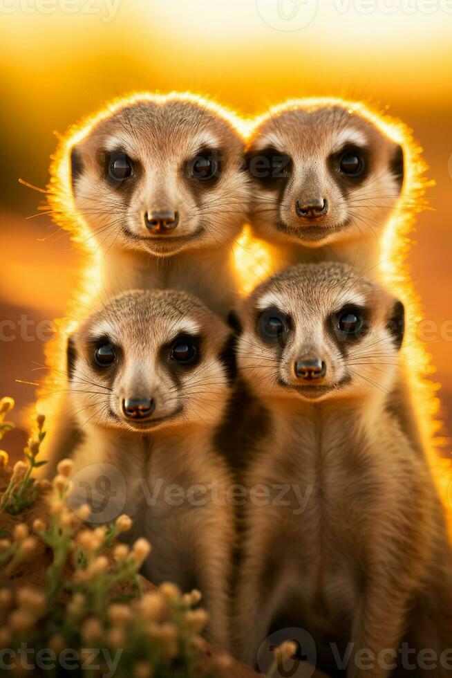 A close-up photo of a meerkat family huddled together playfully grooming and basking under the desert sun