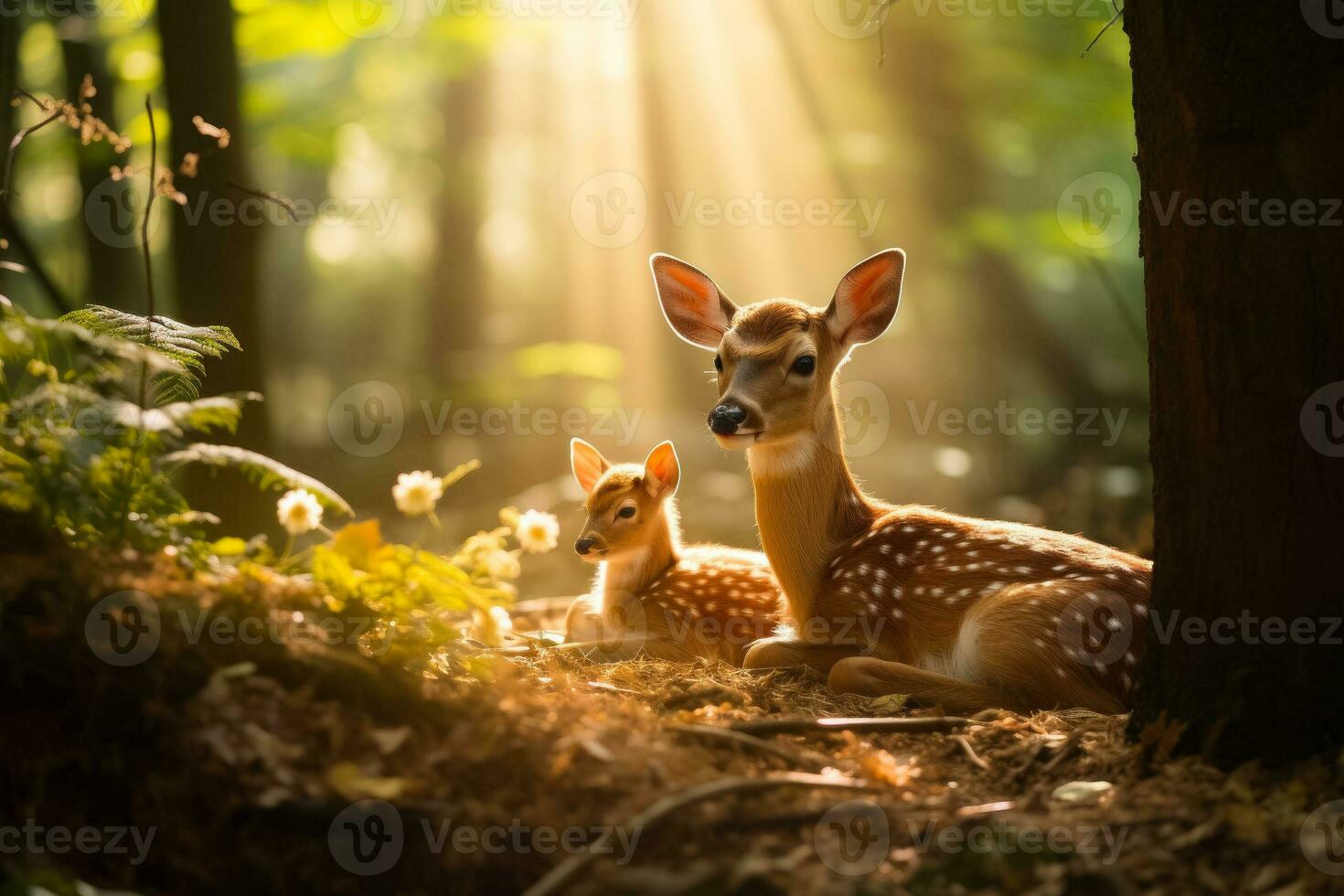 A peaceful scene in the forest as a slumbering fawn and doe share a tender moment amidst dappled sunlight photo