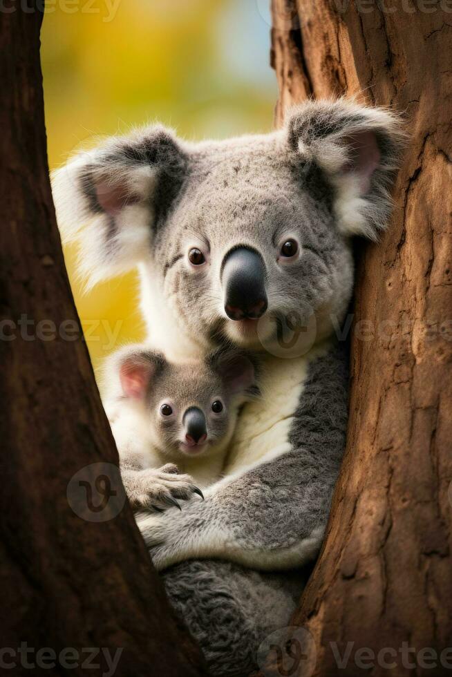 un reconfortante capturar de un coala madre y joey anidado en un eucalipto árbol antecedentes con vacío espacio para texto foto