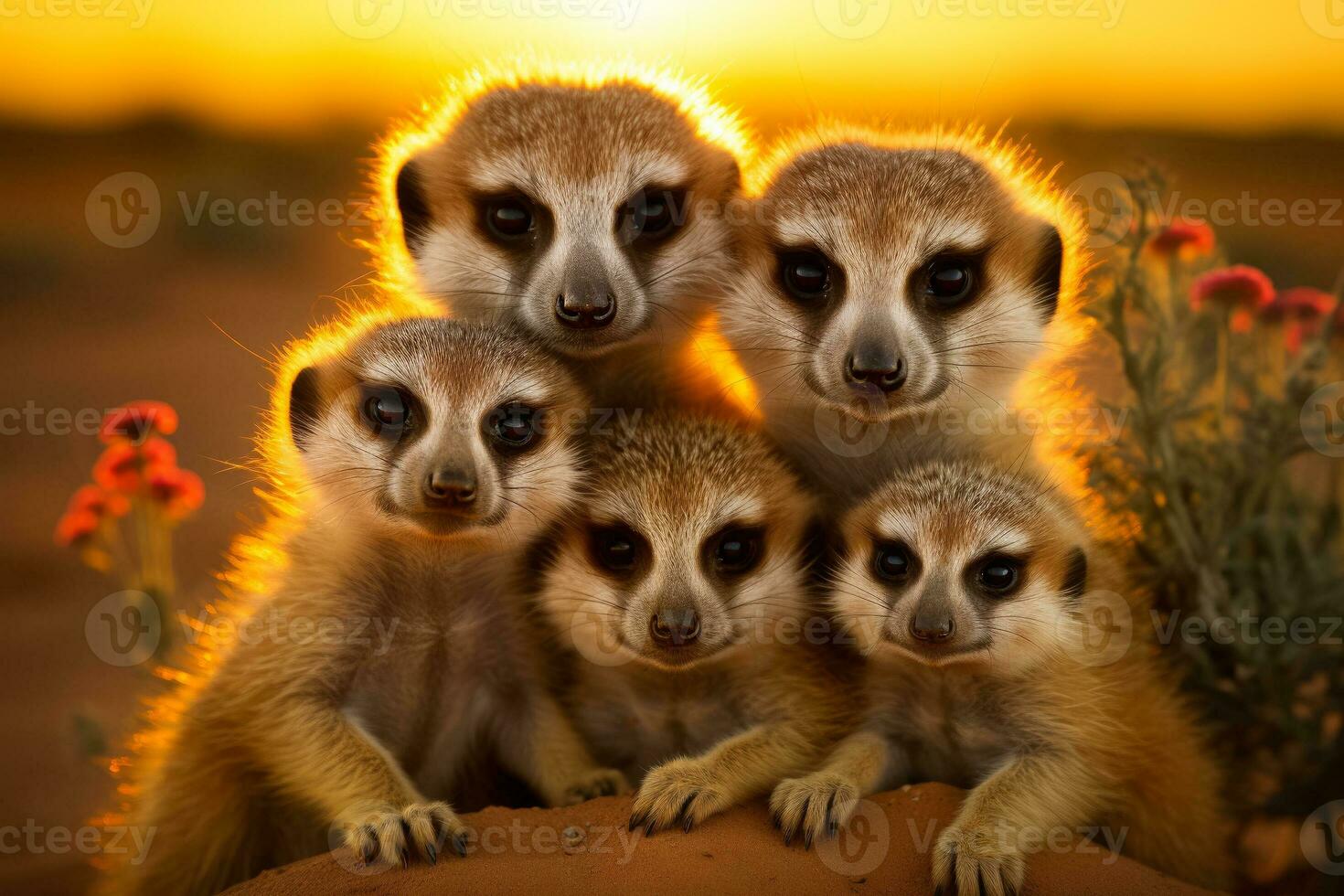 A close-up photo of a meerkat family huddled together playfully grooming and basking under the desert sun