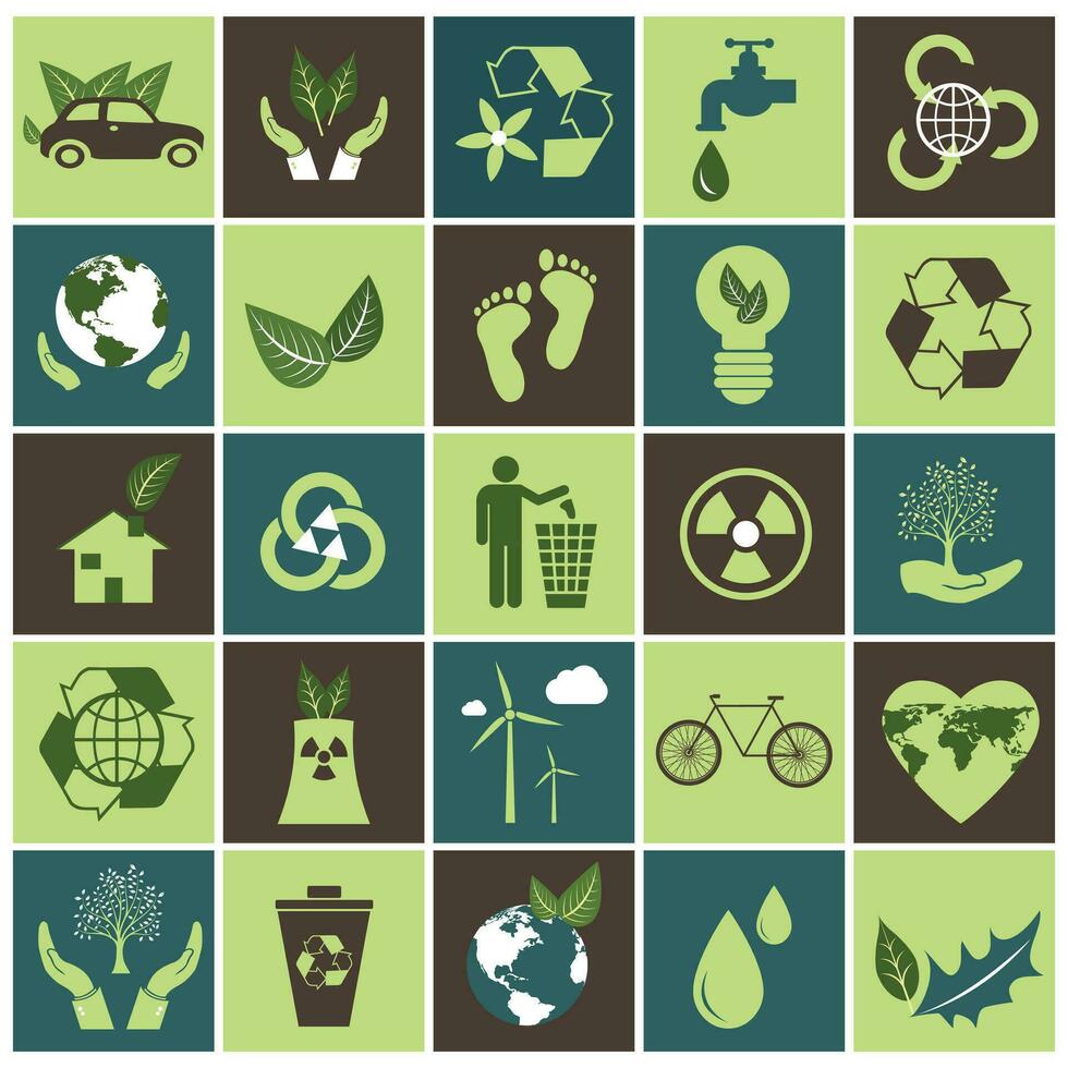 Ecology and Environment green color icon set. Nature and Renewable Energy icons. Eco friendly icons. Flat vector sign collection.