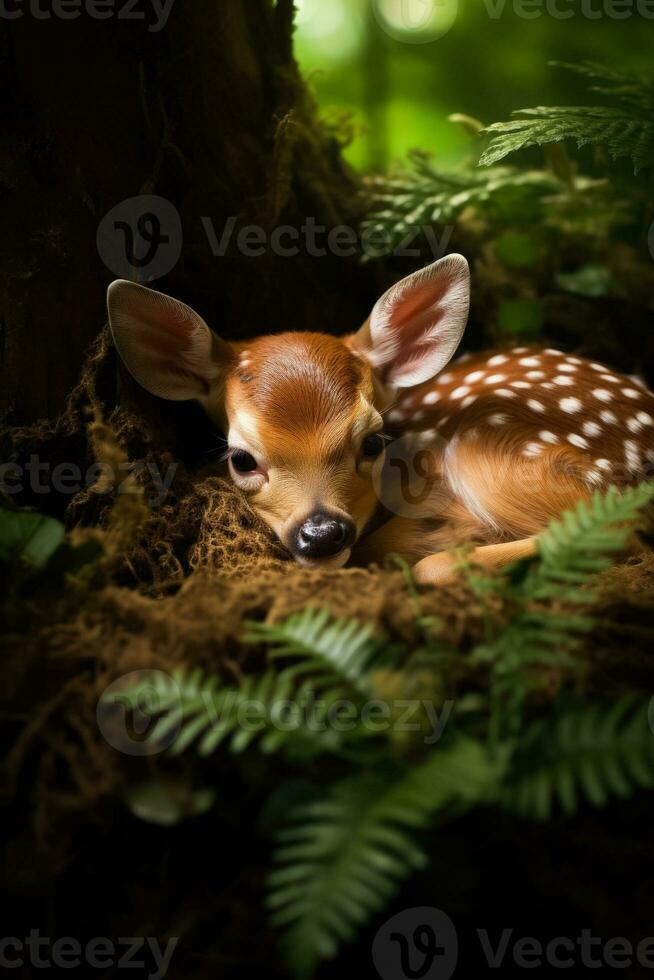 A serene scene of a sleeping fawn nestled beside its doe surrounded by lush foliage and a background with empty space for text photo