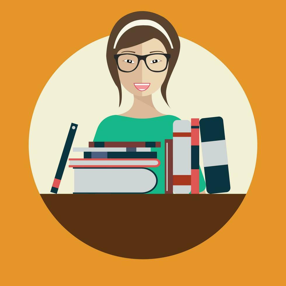 bibliotecario mujer con libros. plano vector. vector