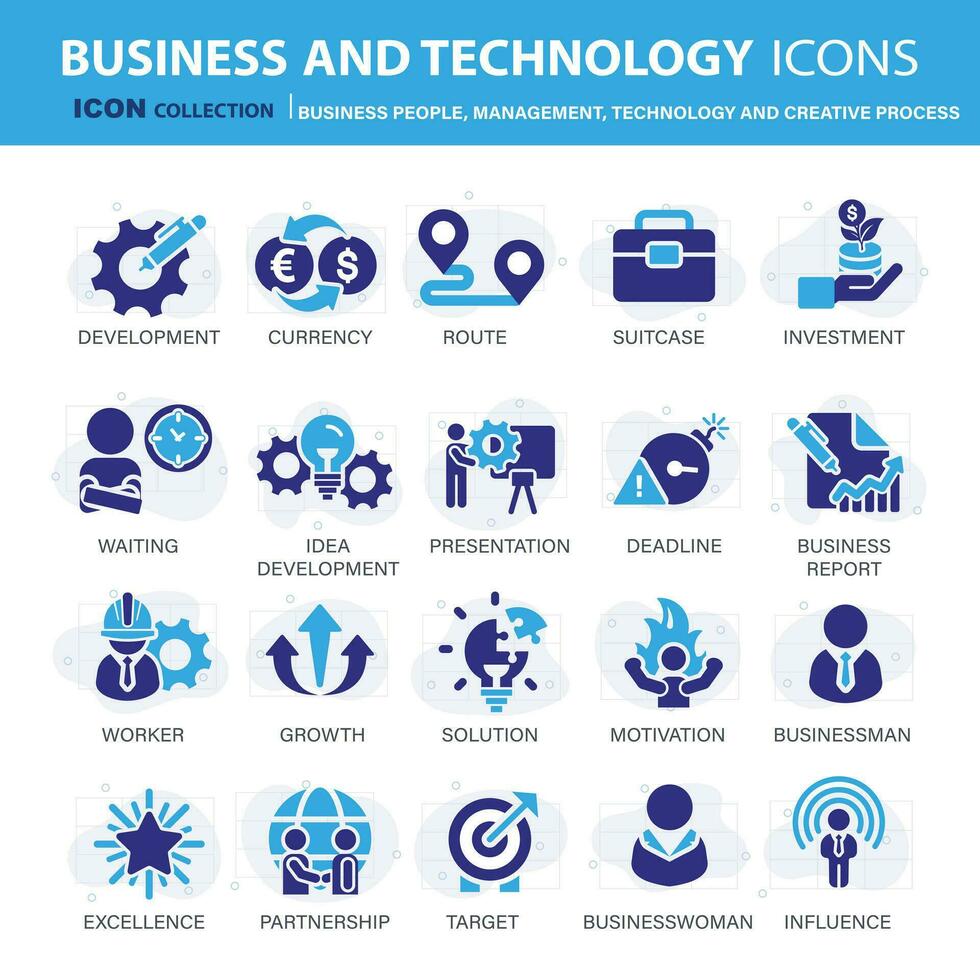 Business, data analysis, organization management and technology icon set. Business people, management, technology, creative process icon set. Icons vector collection