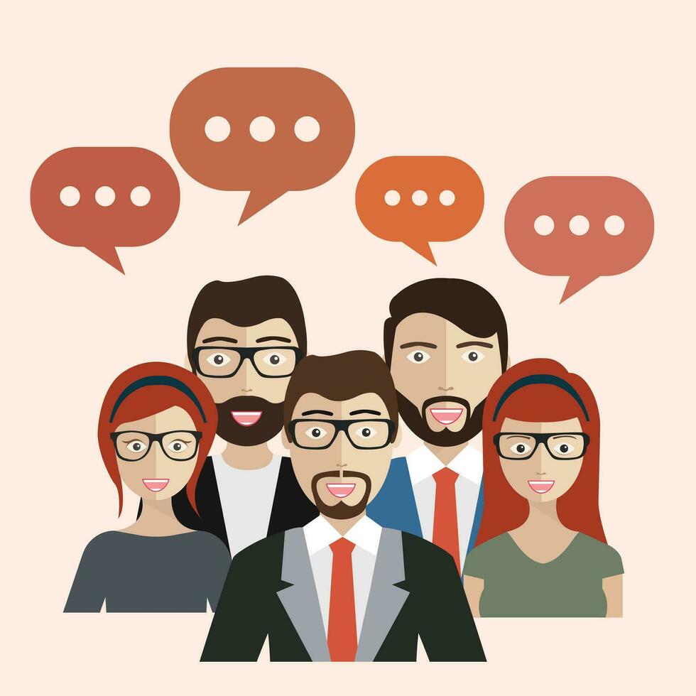 Business people with speech bubble. Teamwork and business communication concept. Flat vector illustration