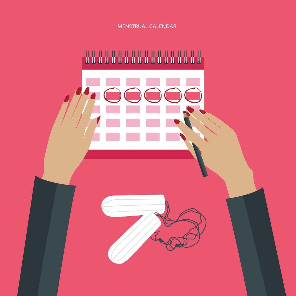 Menstruation calendar with cotton tampons. Woman hygiene protection. Woman critical days. Flat vector illustration.