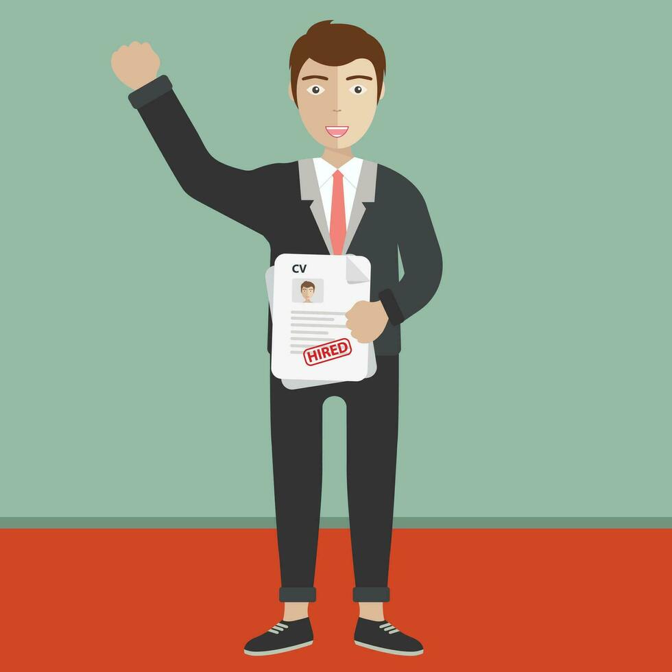 Man holding resume and stamp with Approved. Happy man got a job. Human resources management concept, searching professional staff, analyzing resume papers, work. Flat vector illustration.