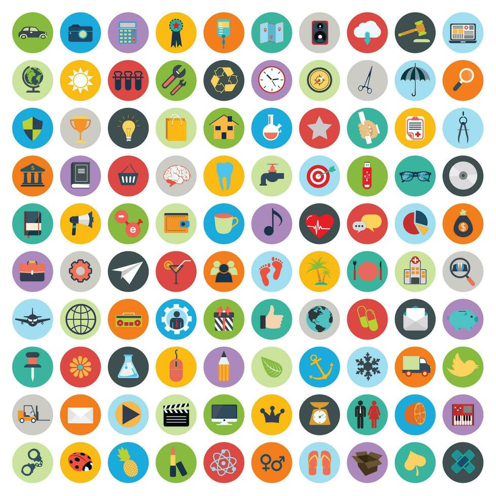 Flat icons design modern vector illustration. Big set of web and technology development icons, business management symbol, marketing items and other various objects on background.