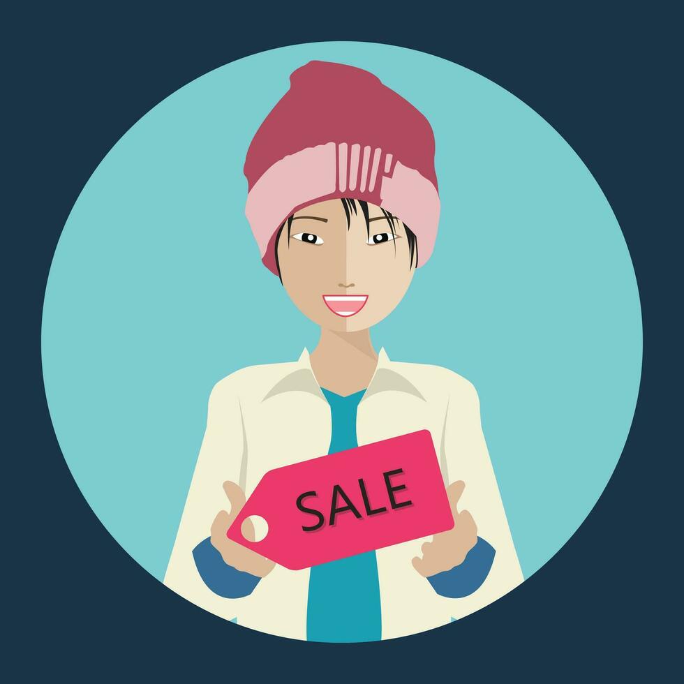 Chinese woman holding a sale sign. Winter collection sale concept. Flat vector illustration.