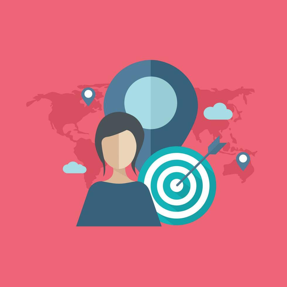 Location Based Targeting. Concept of location targeting strategy used by local advertisers in digital marketing. Flat vector illustration