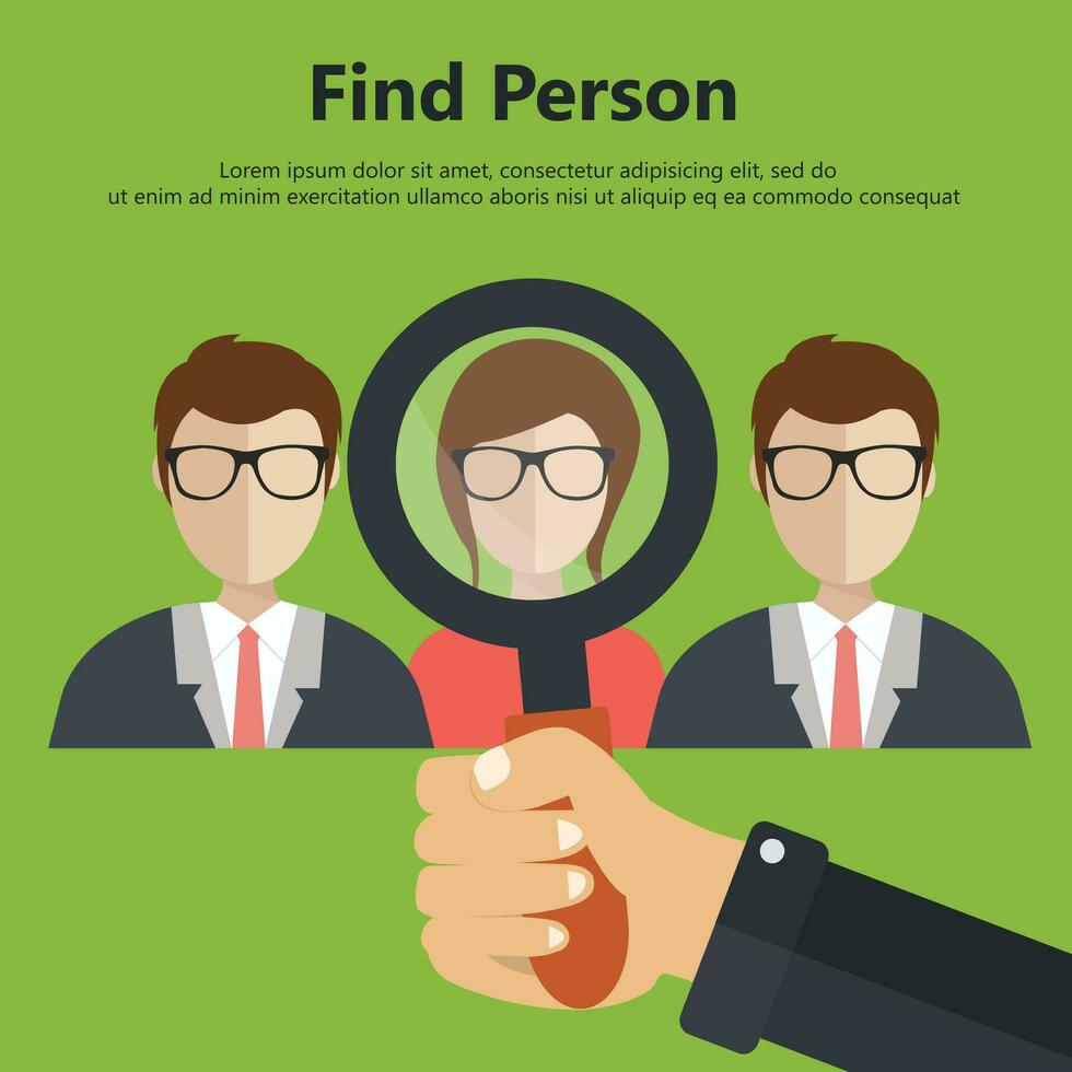 Choosing the best candidate for the job concept. Hand with magnifying glass picking up a businessman stick figure from the row. Flat design vector