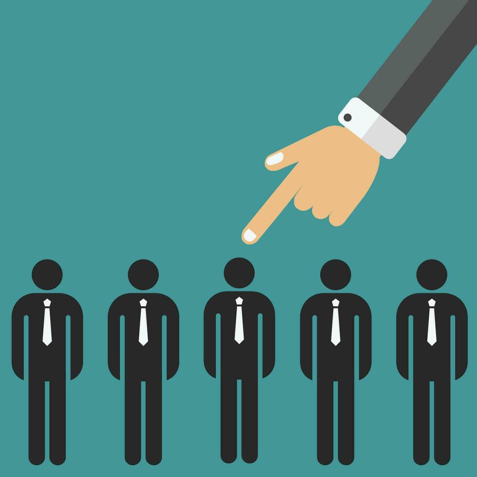 Choosing the best candidate for the job concept. Hand picking up a businessman from the row. Flat vector design