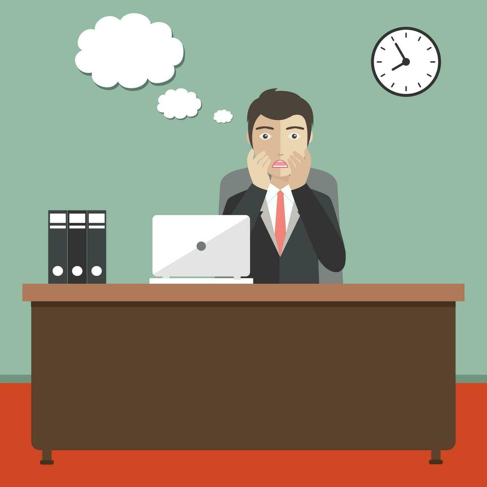 Overworked and tired looking accountant sitting at his desk with piled document binders. Business stress. Flat style modern vector illustration