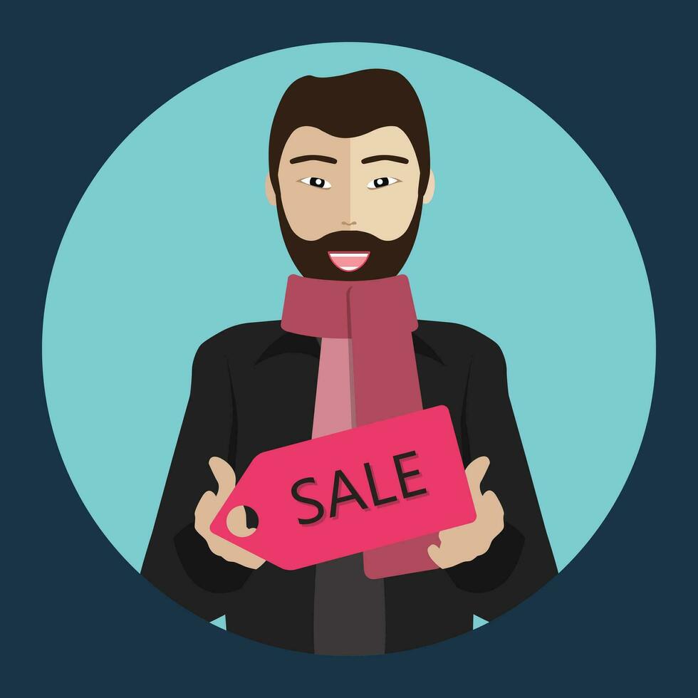Chinese man holding a sale sign. Winter collection sale concept. Flat vector illustration.