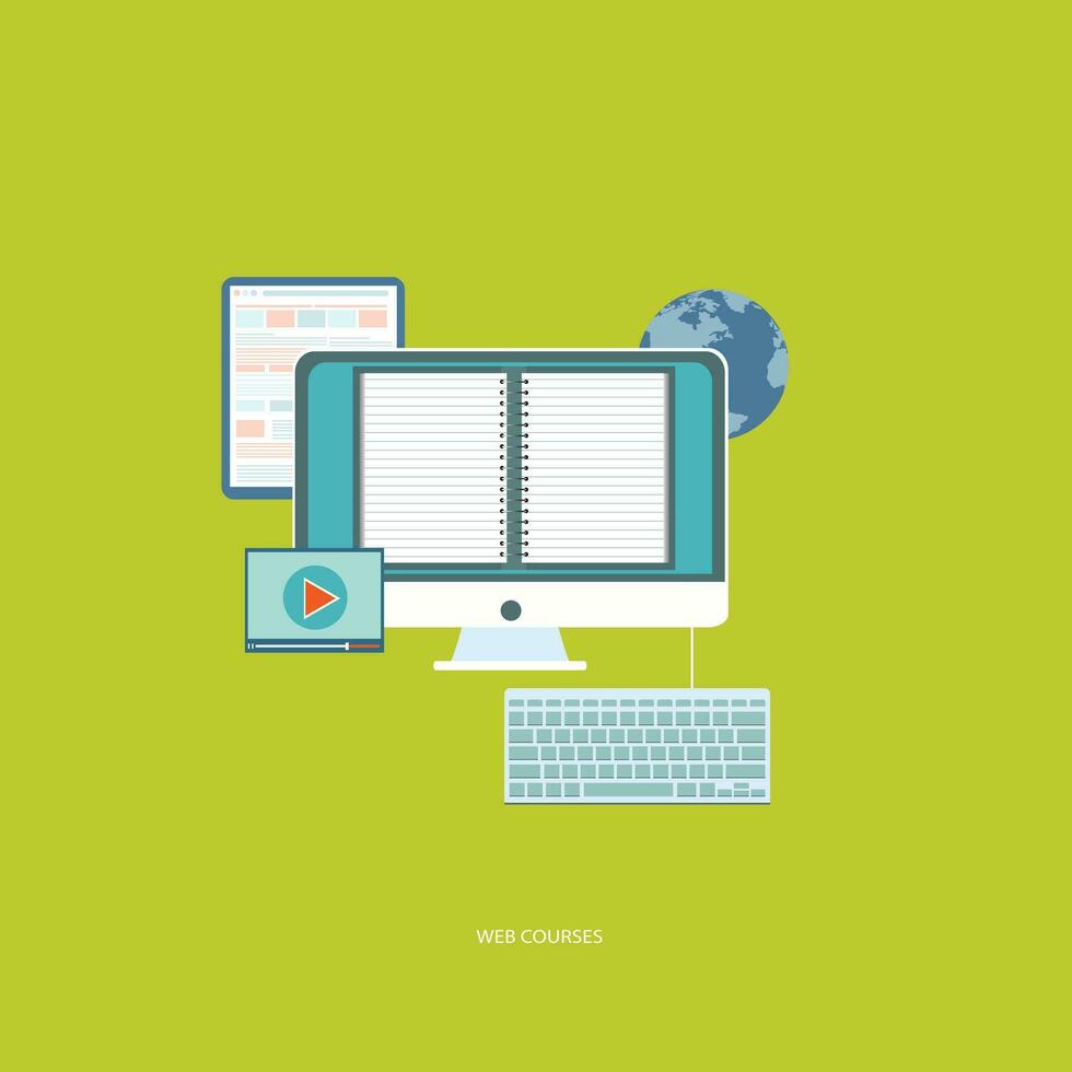 Web courses concept. On line learning, on line education. Flat vector illustration.