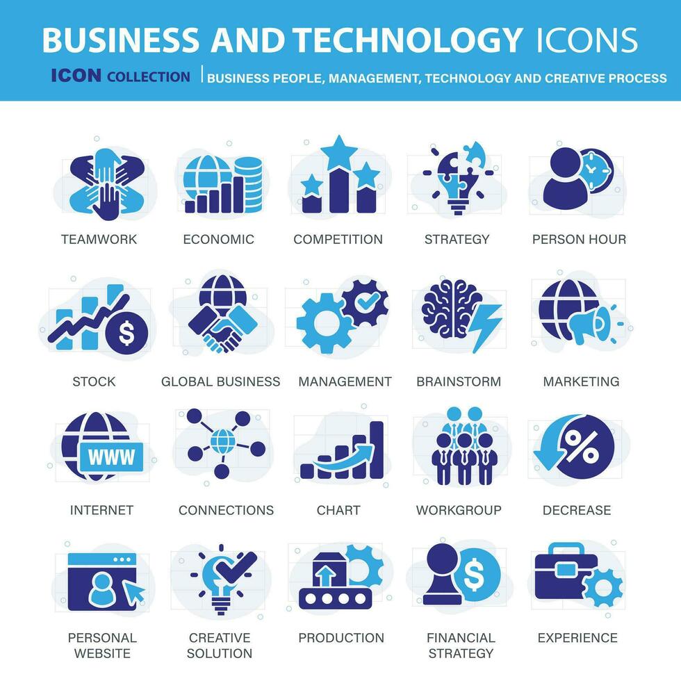 Business, data analysis, organization management and technology icon set. Business people, management, technology, creative process icon set. Icons vector collection