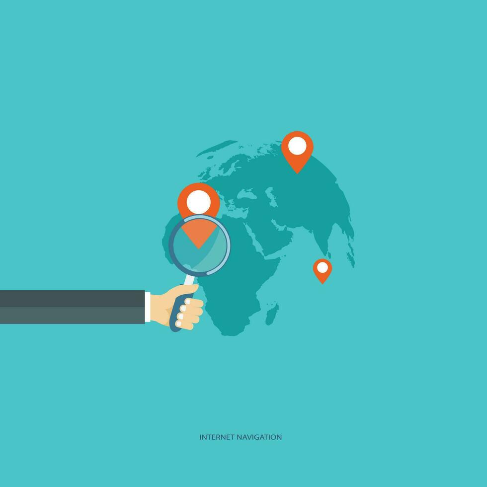 Internet navigation concept. Hand holding magnifying glass, world map with location target markers. Flat vector illustration.