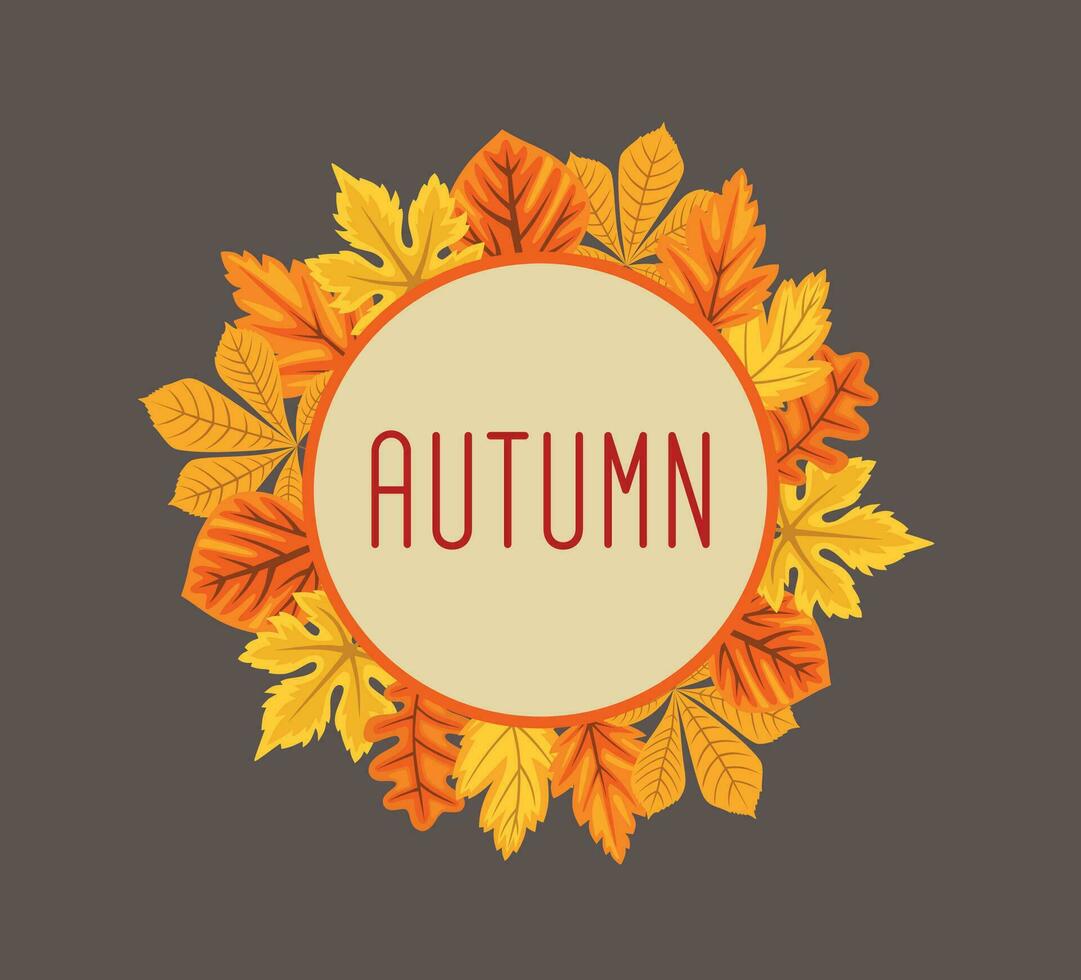 Round Frame Made of Hand Drawn Autumn Yellow Orange and Red Leaves on Brown Background vector