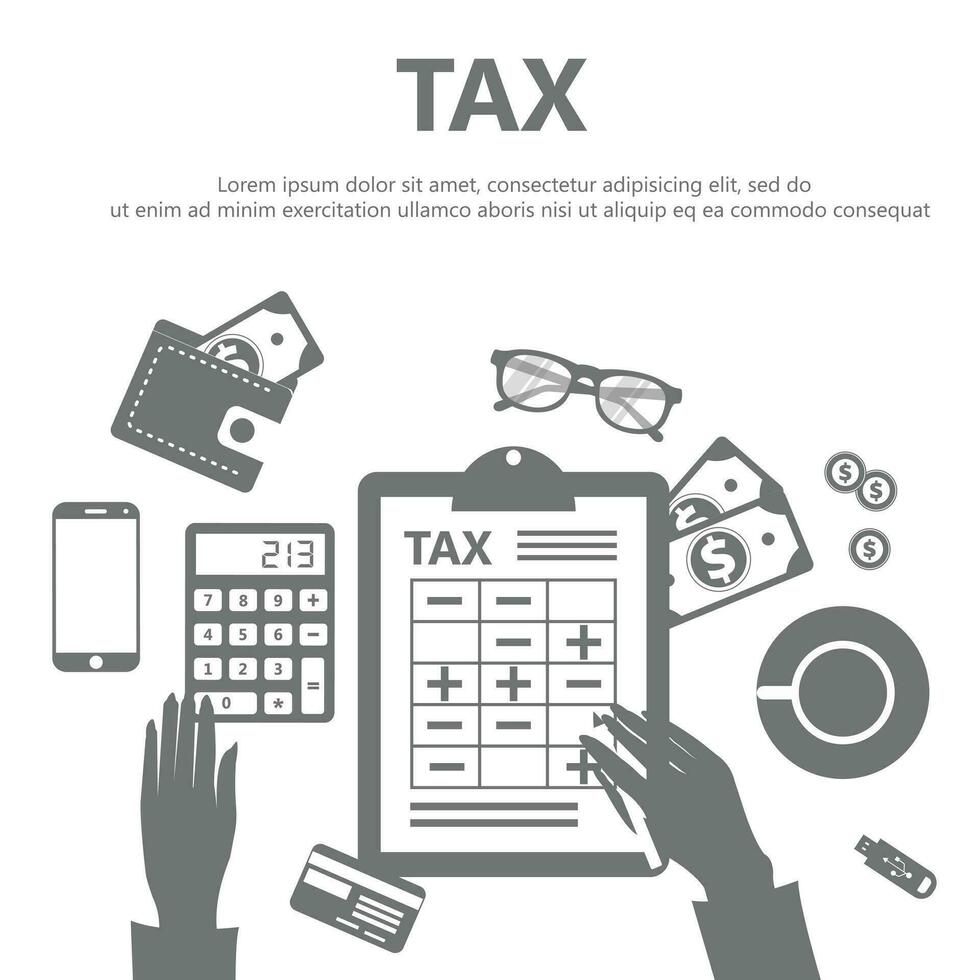 Tax payment. Government, state taxes. Data analysis, paperwork, financial research, report. Businessman calculation tax return. Flat design. Tax form vector. Payment of debt. vector