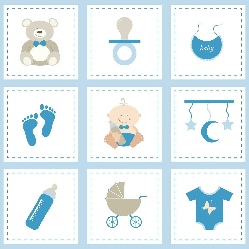 Baby shower icons set, boy blue. Flat vector design.
