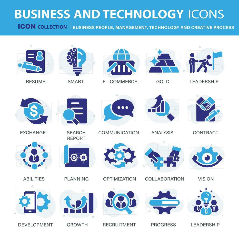 Business, data analysis, organization management and technology icon set. Business people, management, technology, creative process icon set. Icons vector collection