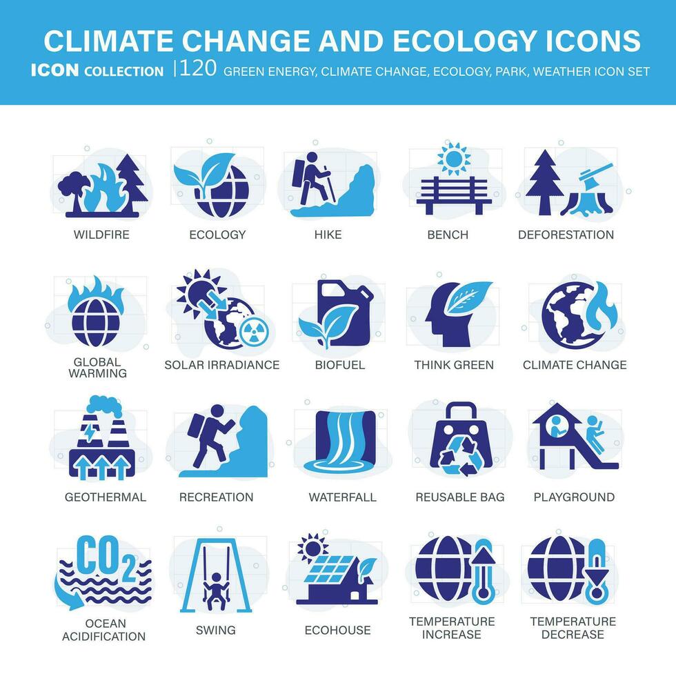 Climate change, ecology, green energy, park and weather icon set. Containing global warming, renewable energy, greenhouse, melting ice, earth pollution, outdoor activity. Flat vector illustration