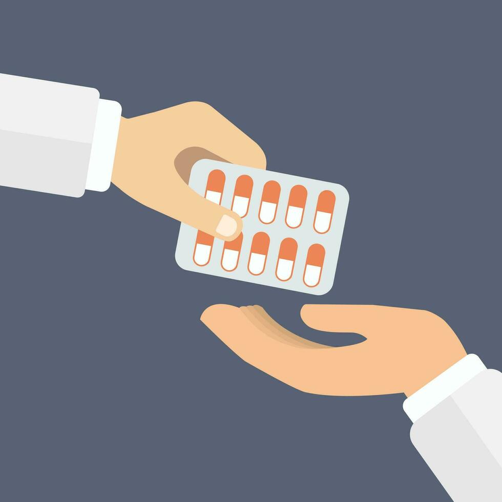 Hand giving medicine pills in a blister pack to another hand. Pharmaceutical Industry concept. Flat vector illustration.