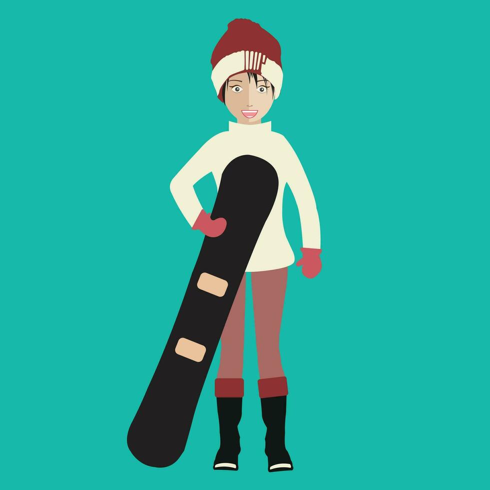 Girl with snowboard. Snowboarding. Flat style vector illustration.