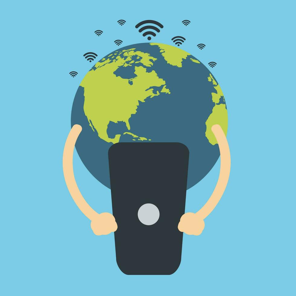 Earth globe holding cell phone. Global communication. Flat vector design.