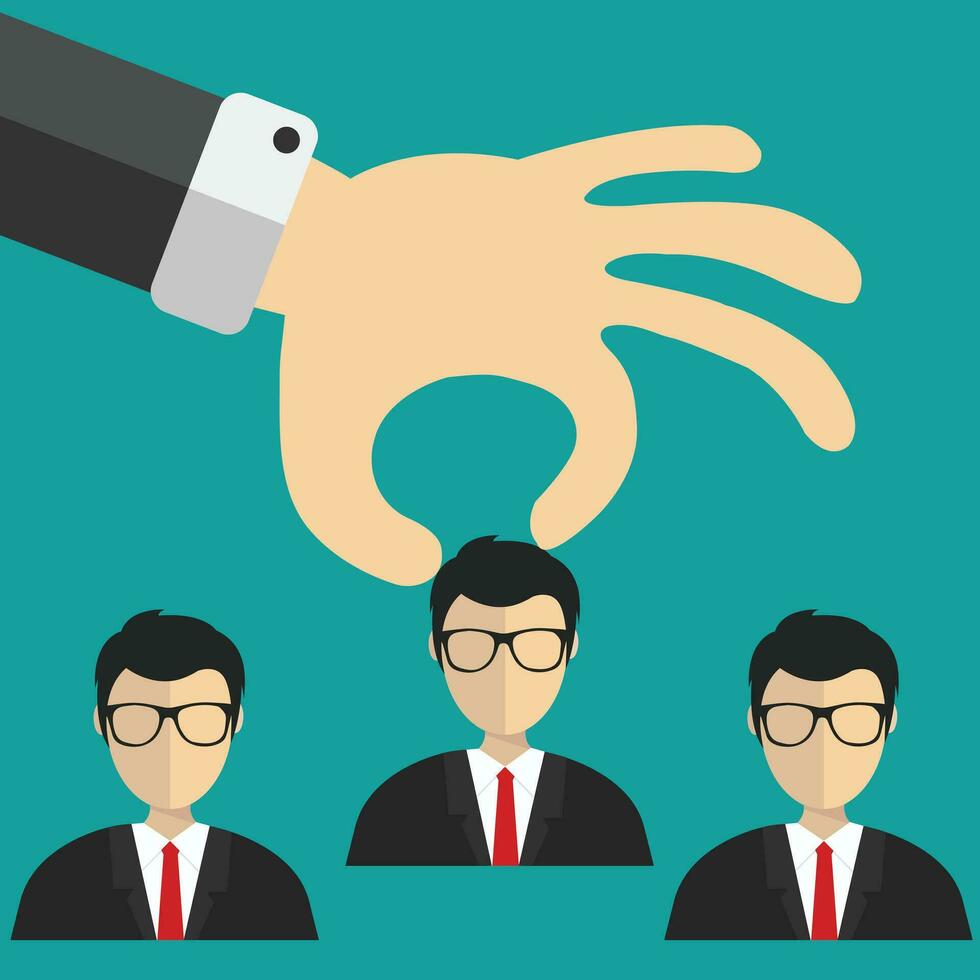 Choosing the best candidate for the job concept. Hand picking up a businessman from the row. Flat vector design