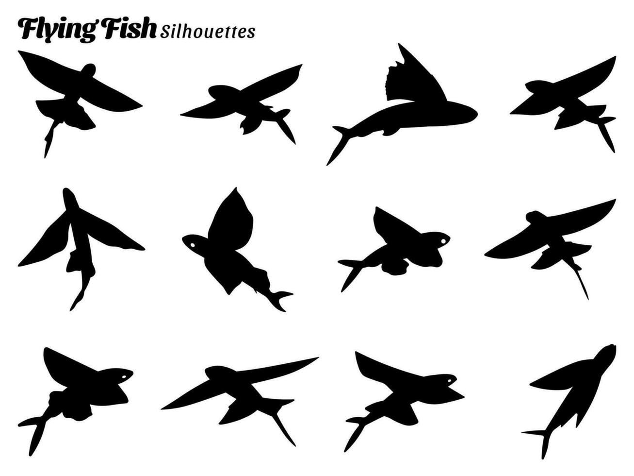 Collection of vector illustrations of flying fish silhouettes