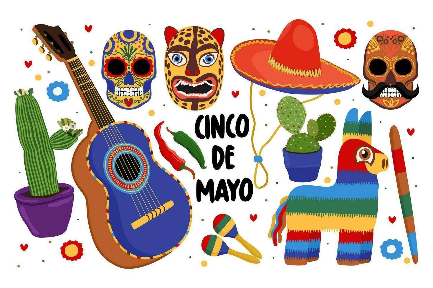 Cinco de Mayo. 5-th of May, mexican federal holiday. Vector set isolated on white background